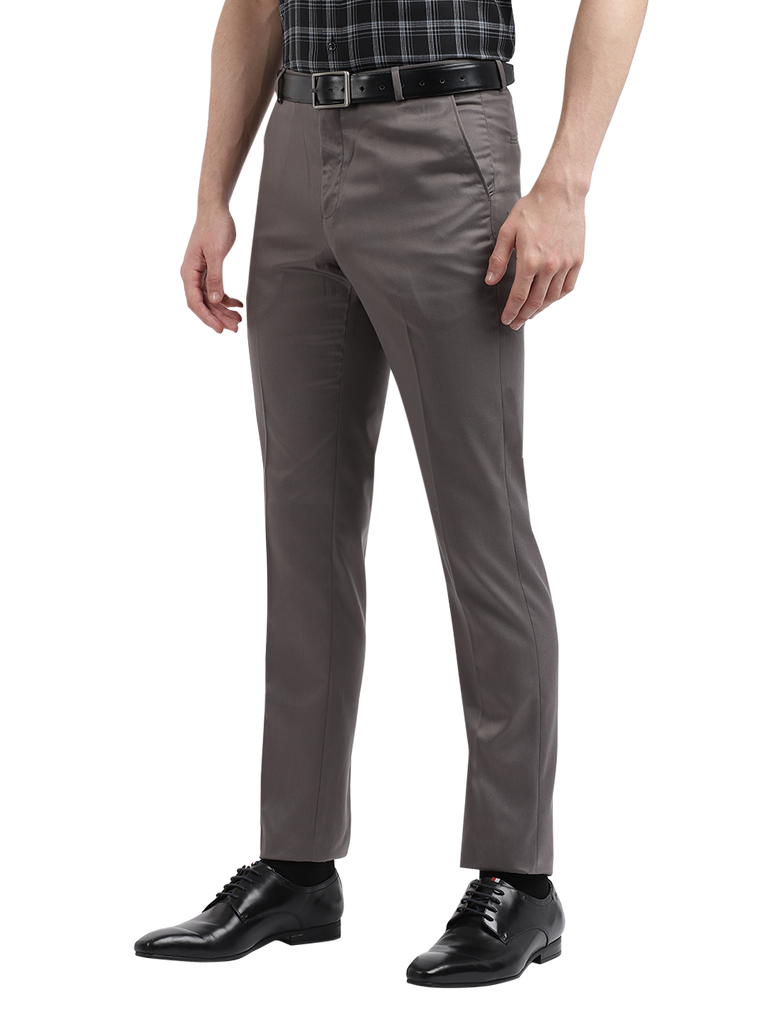 Model wearing Clarke Gable's Silver Grey Sharp Fit Trousers in a casual setting