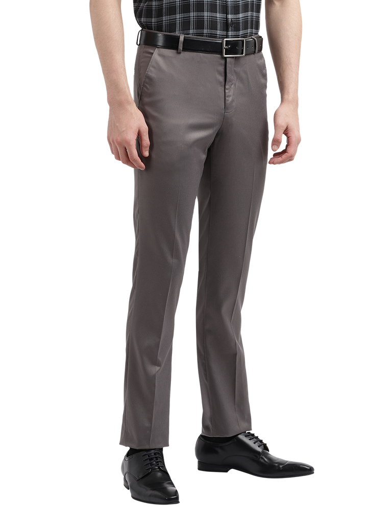 Model wearing Clarke Gable's Silver Grey Sharp Fit Trousers in a casual setting