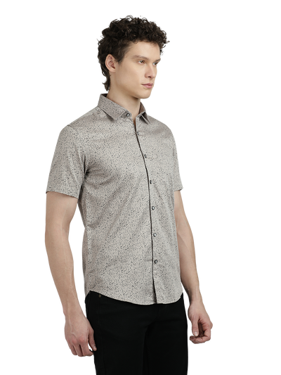 Model wearing Clarke Gable's Silver Printed Semi Casual Shirt in a casual setting