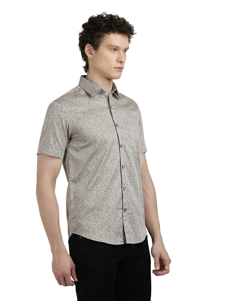 Model wearing Clarke Gable's Silver Printed Semi Casual Shirt in a casual setting