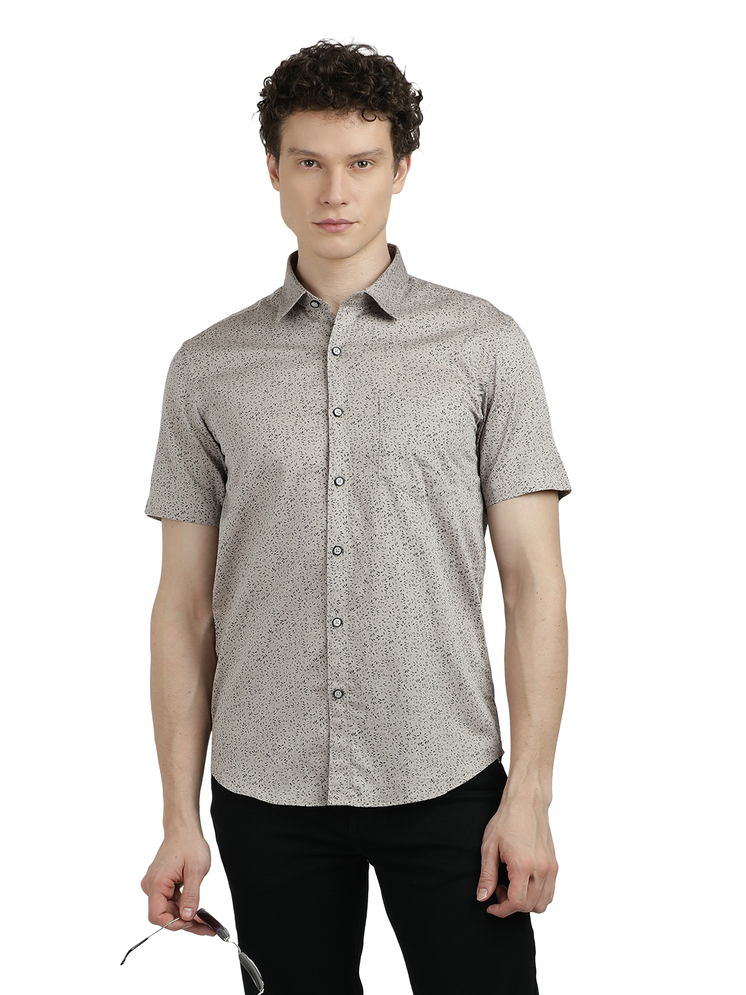 Model wearing Clarke Gable's Silver Printed Semi Casual Shirt in a casual setting