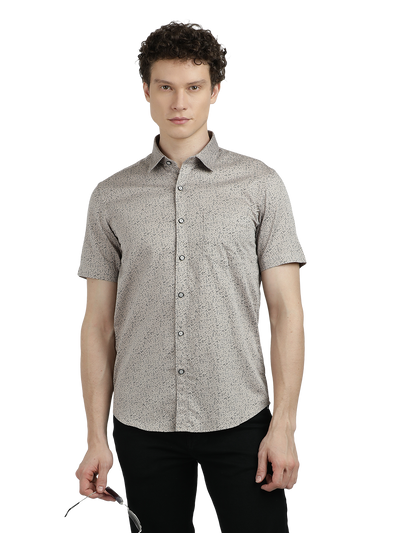 Model wearing Clarke Gable's Silver Printed Semi Casual Shirt in a casual setting