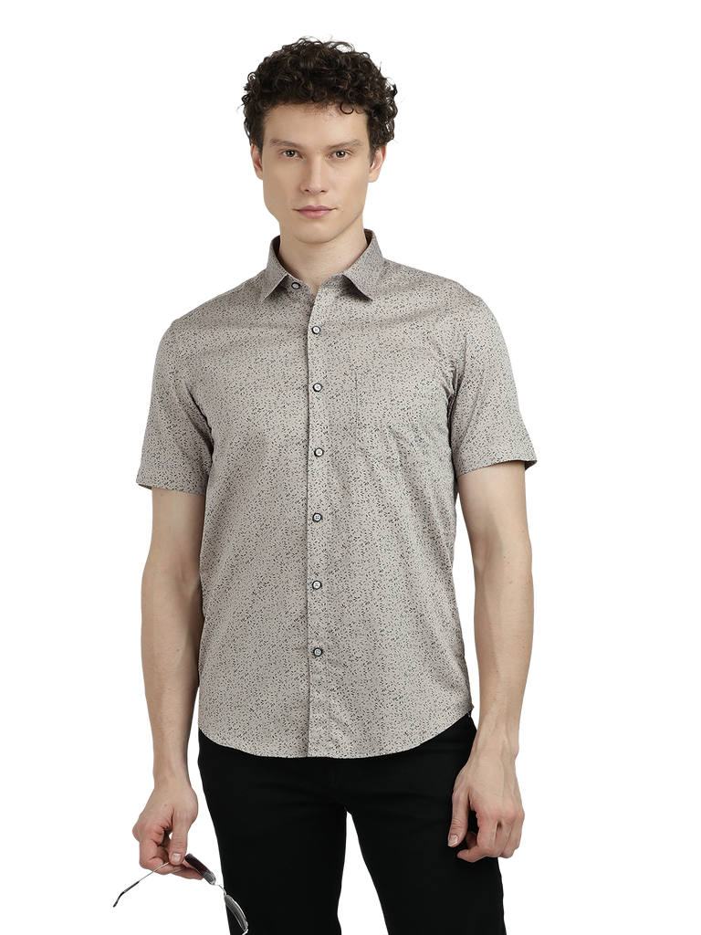 Model wearing Clarke Gable's Silver Printed Semi Casual Shirt in a casual setting