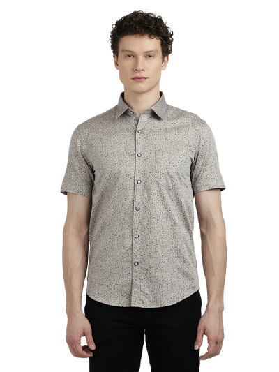 Model wearing Clarke Gable's Silver Printed Semi Casual Shirt in a casual setting