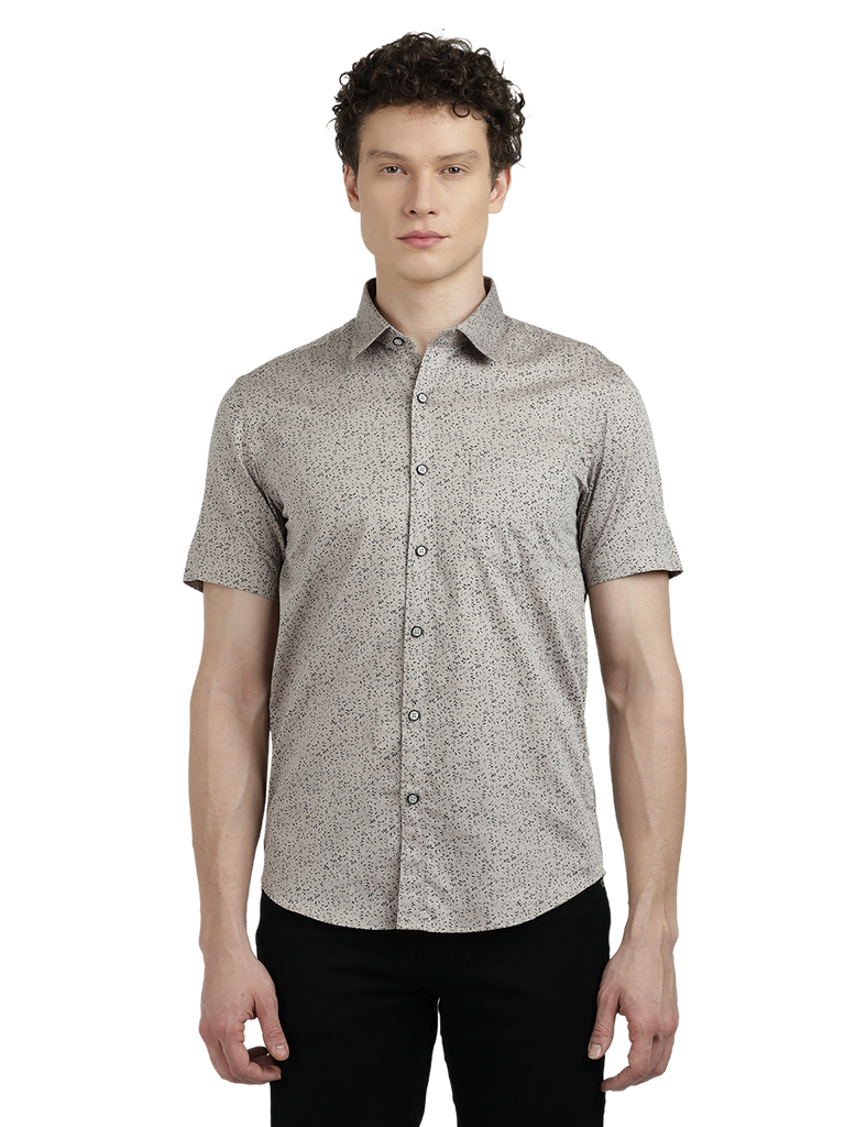 Model wearing Clarke Gable's Silver Printed Semi Casual Shirt in a casual setting