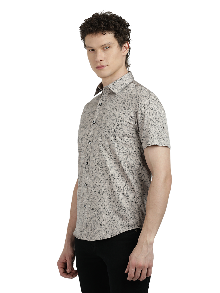 Model wearing Clarke Gable's Silver Printed Semi Casual Shirt in a casual setting