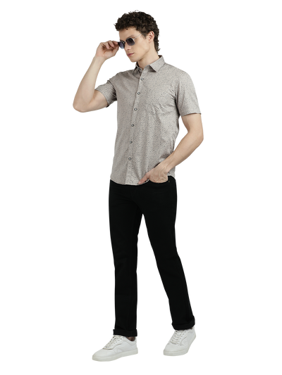 Model wearing Clarke Gable's Silver Printed Semi Casual Shirt in a casual setting