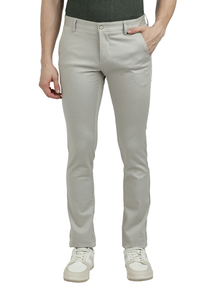 Model wearing Clarke Gable's Silver Trim Fit Trousers in a casual setting