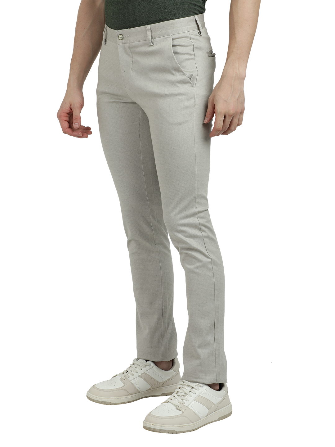 Model wearing Clarke Gable's Silver Trim Fit Trousers in a casual setting