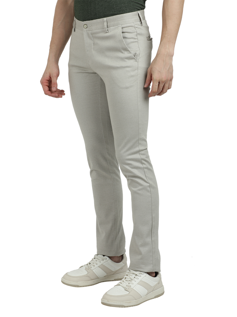 Model wearing Clarke Gable's Silver Trim Fit Trousers in a casual setting