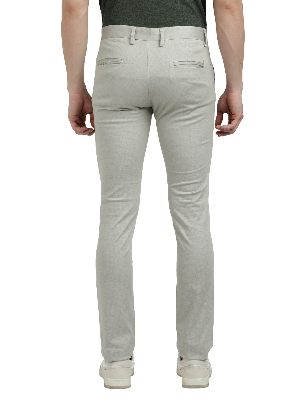 Model wearing Clarke Gable's Silver Trim Fit Trousers in a casual setting