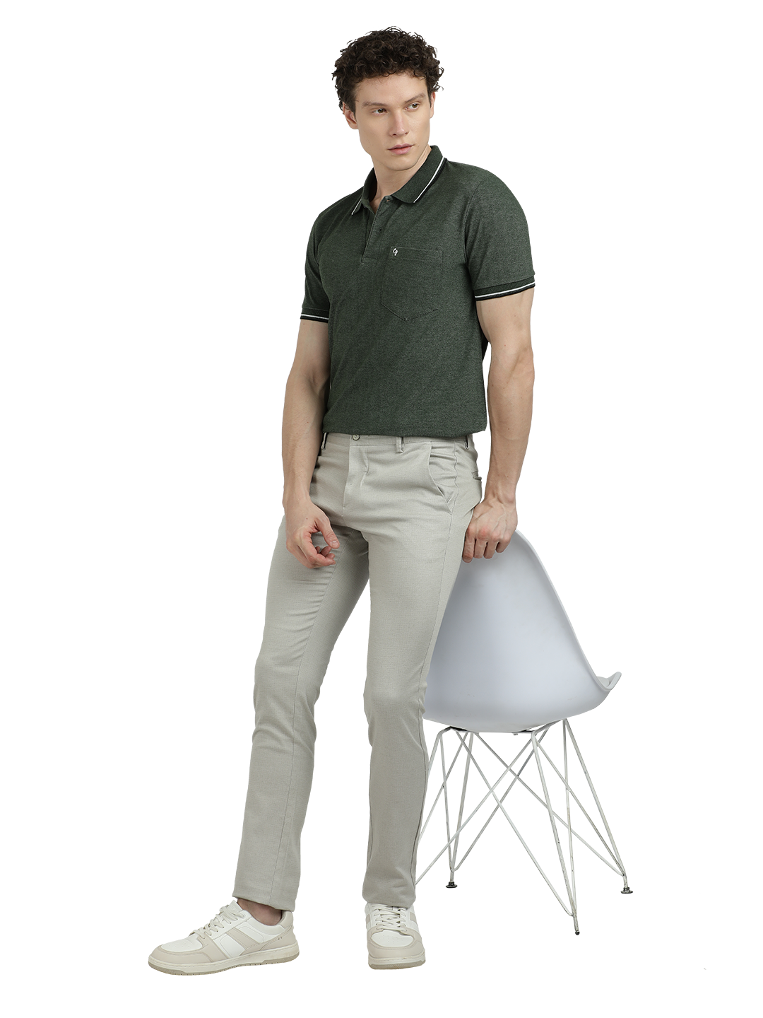 Model wearing Clarke Gable's Silver Trim Fit Trousers in a casual setting