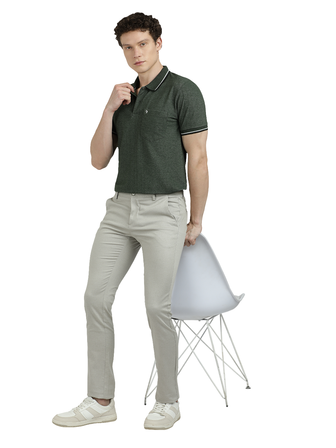 Model wearing Clarke Gable's Silver Trim Fit Trousers in a casual setting