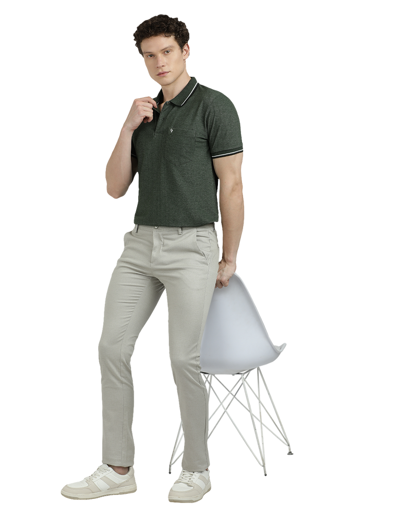 Model wearing Clarke Gable's Silver Trim Fit Trousers in a casual setting