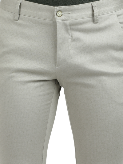 Model wearing Clarke Gable's Silver Trim Fit Trousers in a casual setting