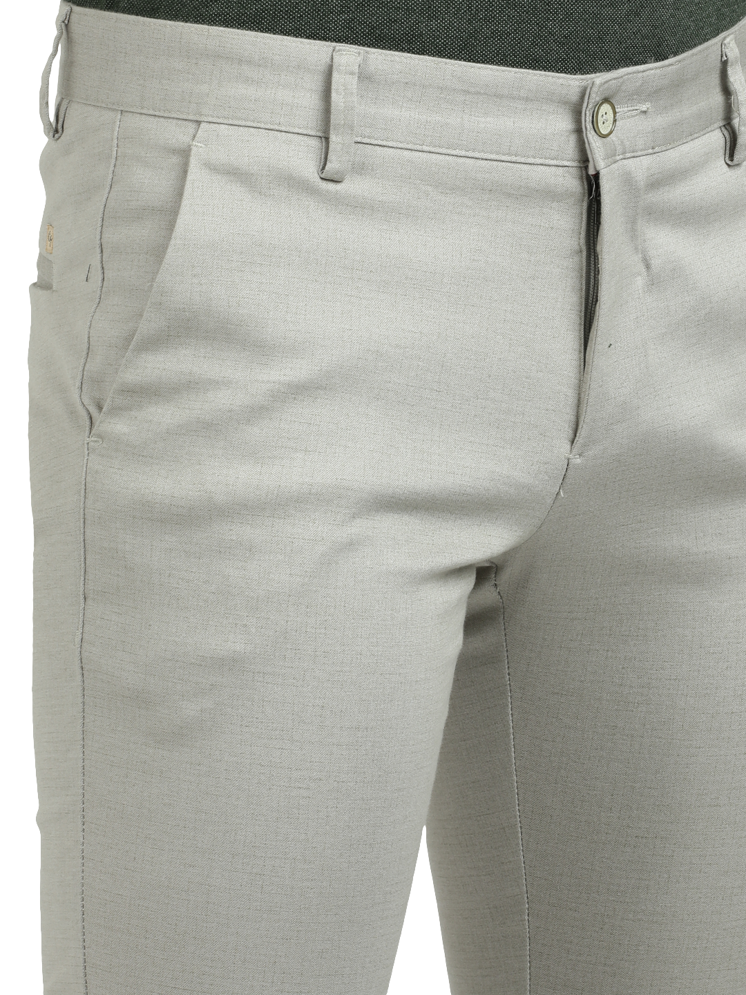 Model wearing Clarke Gable's Silver Trim Fit Trousers in a casual setting