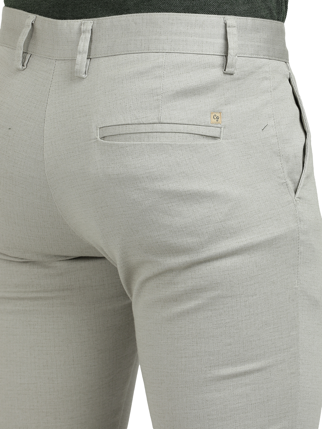 Model wearing Clarke Gable's Silver Trim Fit Trousers in a casual setting