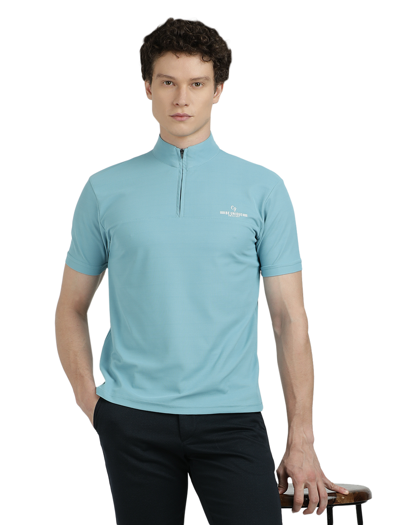 Model wearing Clarke Gable's Sky Blue Solid Turtle Neck T-Shirt in a casual setting