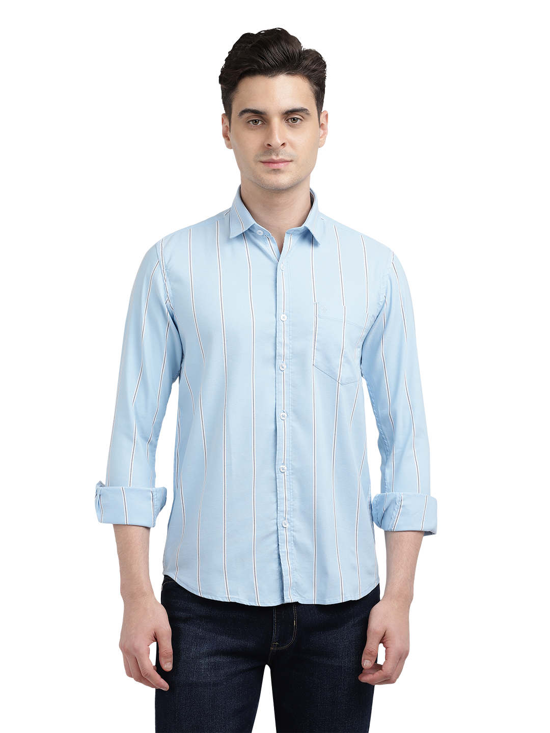 Model wearing Clarke Gable's Sky Blue Striped Casual Shirt in a casual setting