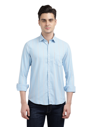 Model wearing Clarke Gable's Sky Blue Striped Casual Shirt in a casual setting