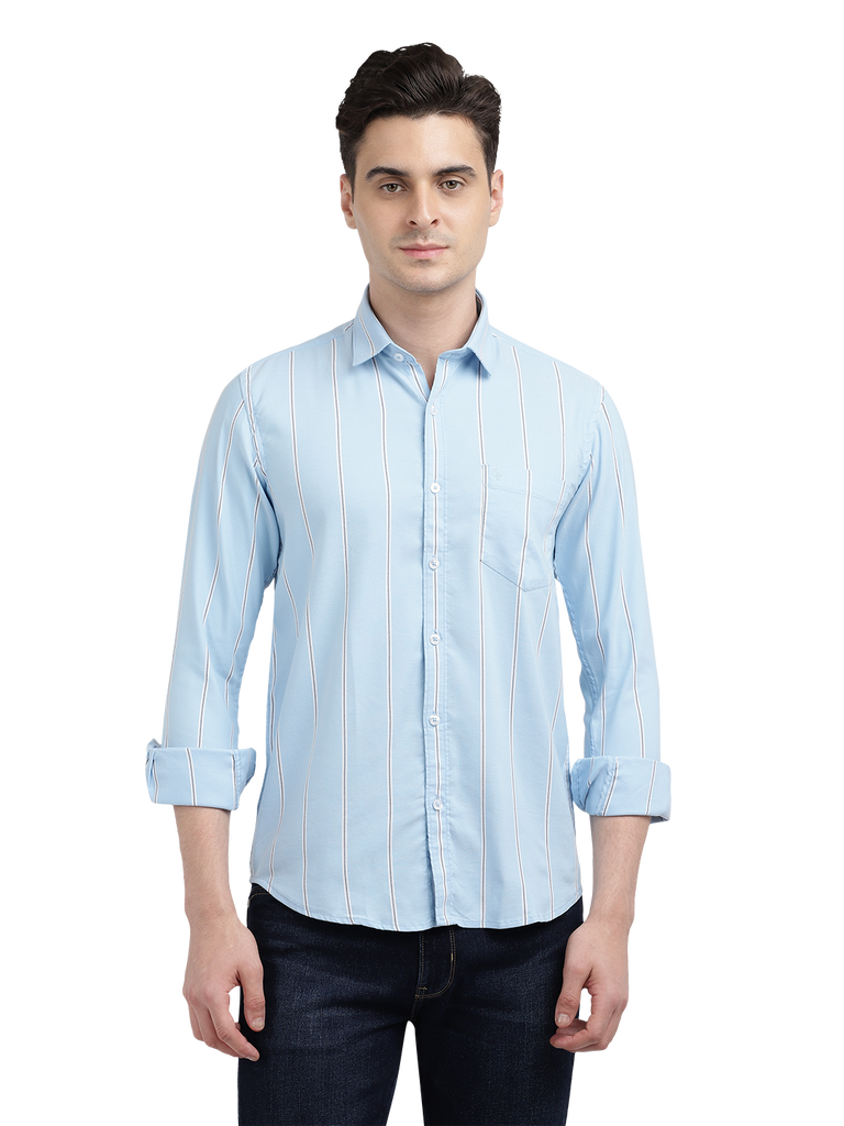 Model wearing Clarke Gable's Sky Blue Striped Casual Shirt in a casual setting