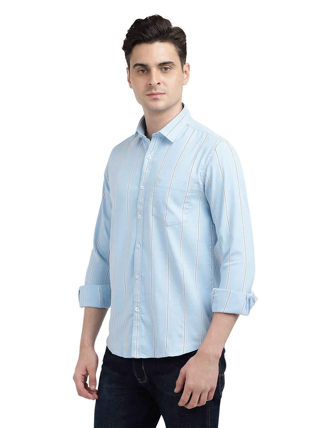 Model wearing Clarke Gable's Sky Blue Striped Casual Shirt in a casual setting
