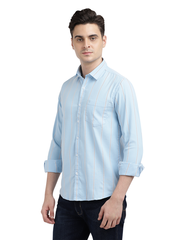 Model wearing Clarke Gable's Sky Blue Striped Casual Shirt in a casual setting