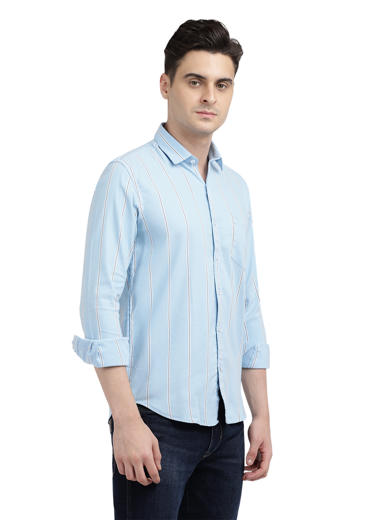 Model wearing Clarke Gable's Sky Blue Striped Casual Shirt in a casual setting