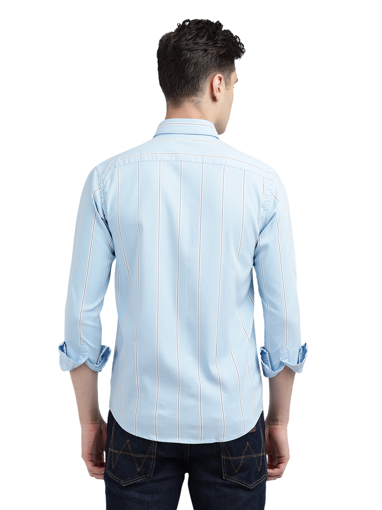 Model wearing Clarke Gable's Sky Blue Striped Casual Shirt in a casual setting