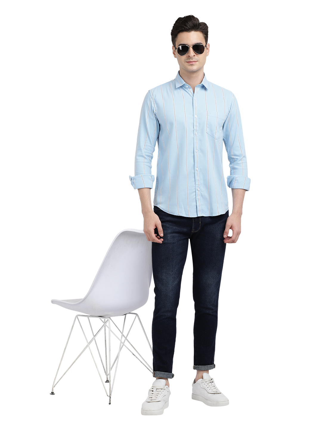 Model wearing Clarke Gable's Sky Blue Striped Casual Shirt in a casual setting