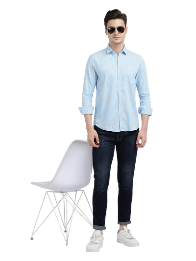 Model wearing Clarke Gable's Sky Blue Striped Casual Shirt in a casual setting