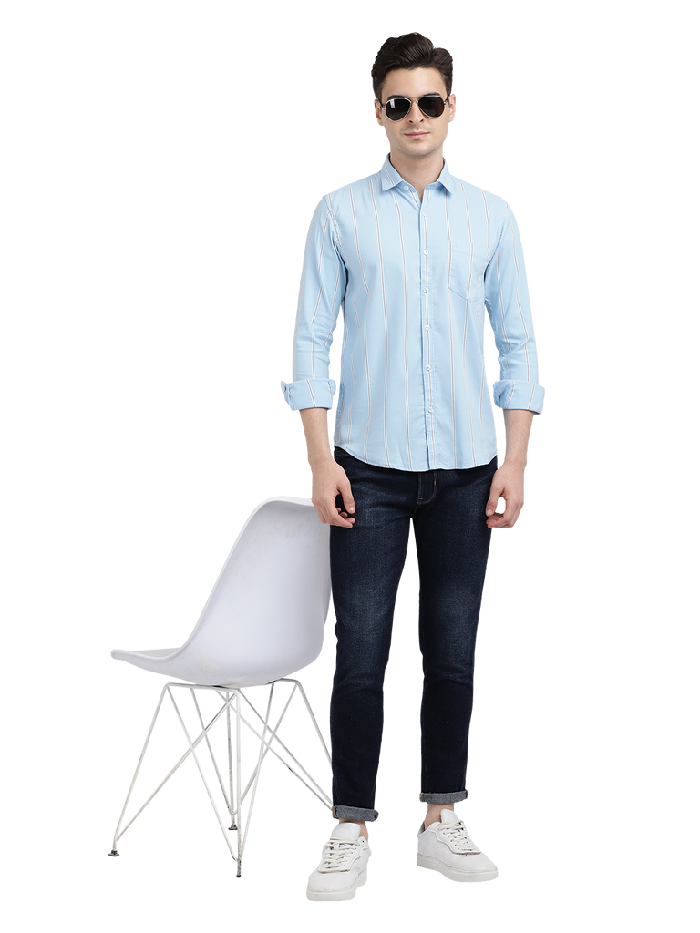 Model wearing Clarke Gable's Sky Blue Striped Casual Shirt in a casual setting