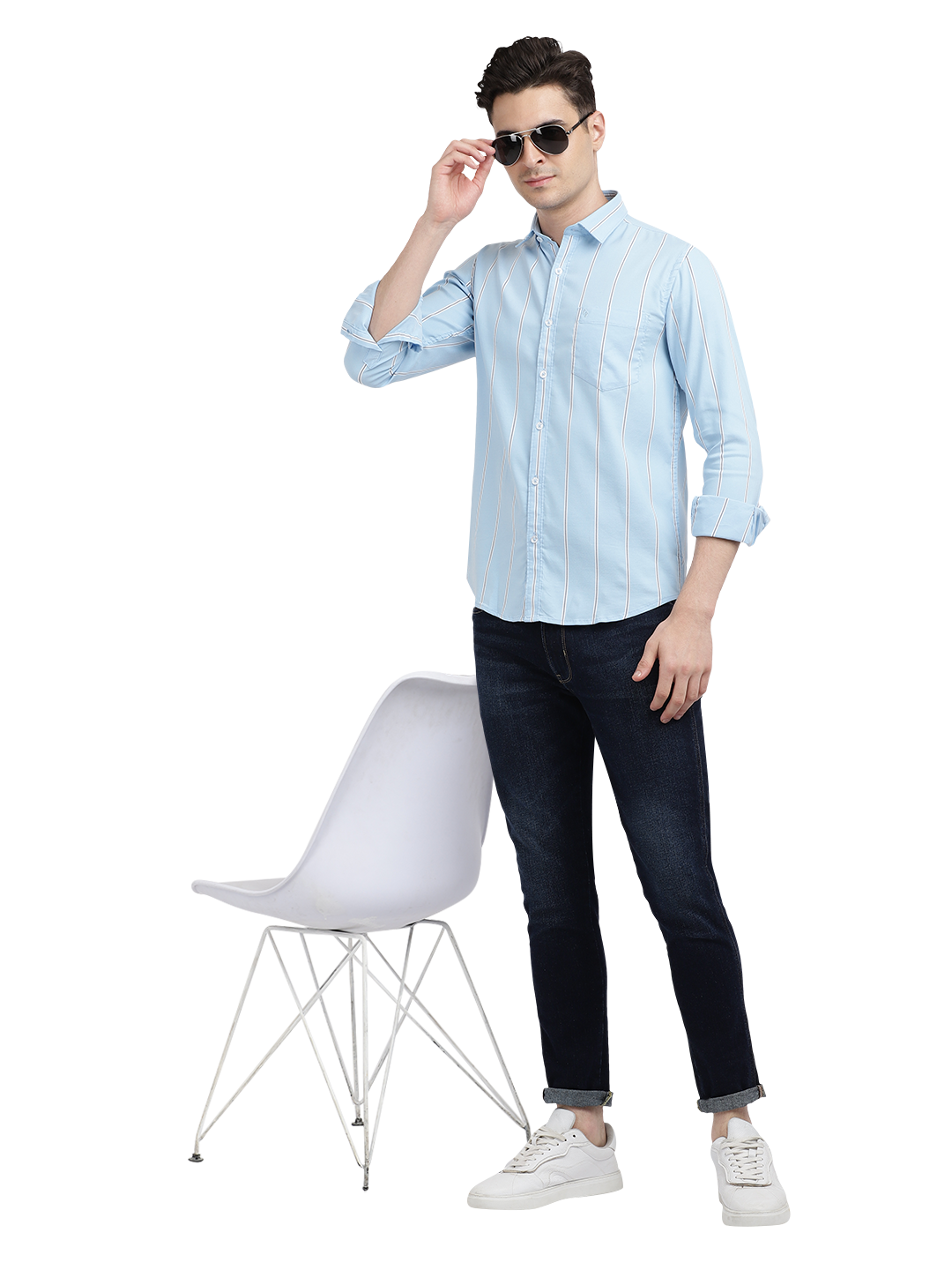 Model wearing Clarke Gable's Sky Blue Striped Casual Shirt in a casual setting