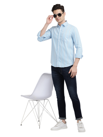 Model wearing Clarke Gable's Sky Blue Striped Casual Shirt in a casual setting
