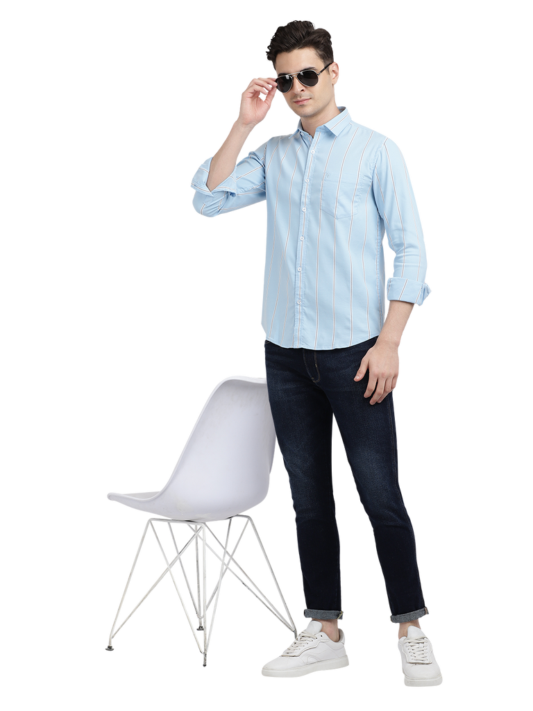 Model wearing Clarke Gable's Sky Blue Striped Casual Shirt in a casual setting