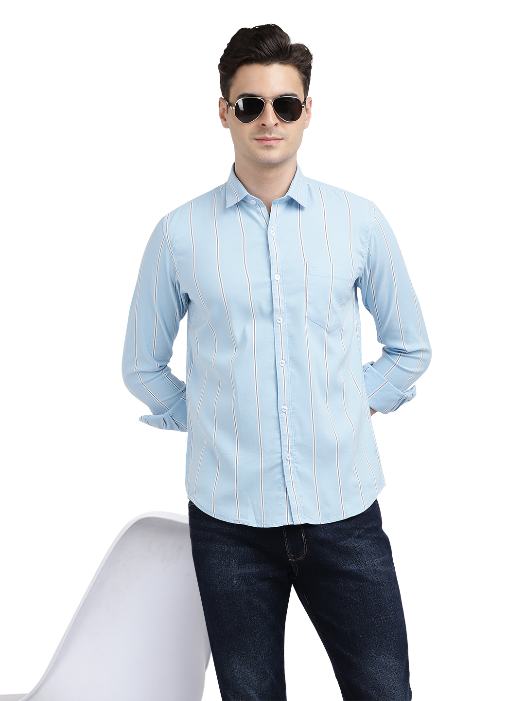 Model wearing Clarke Gable's Sky Blue Striped Casual Shirt in a casual setting