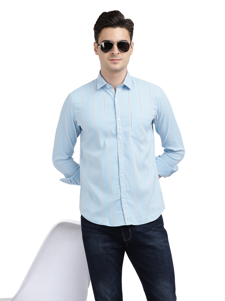 Model wearing Clarke Gable's Sky Blue Striped Casual Shirt in a casual setting