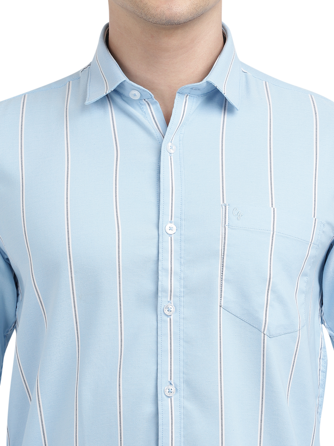Model wearing Clarke Gable's Sky Blue Striped Casual Shirt in a casual setting