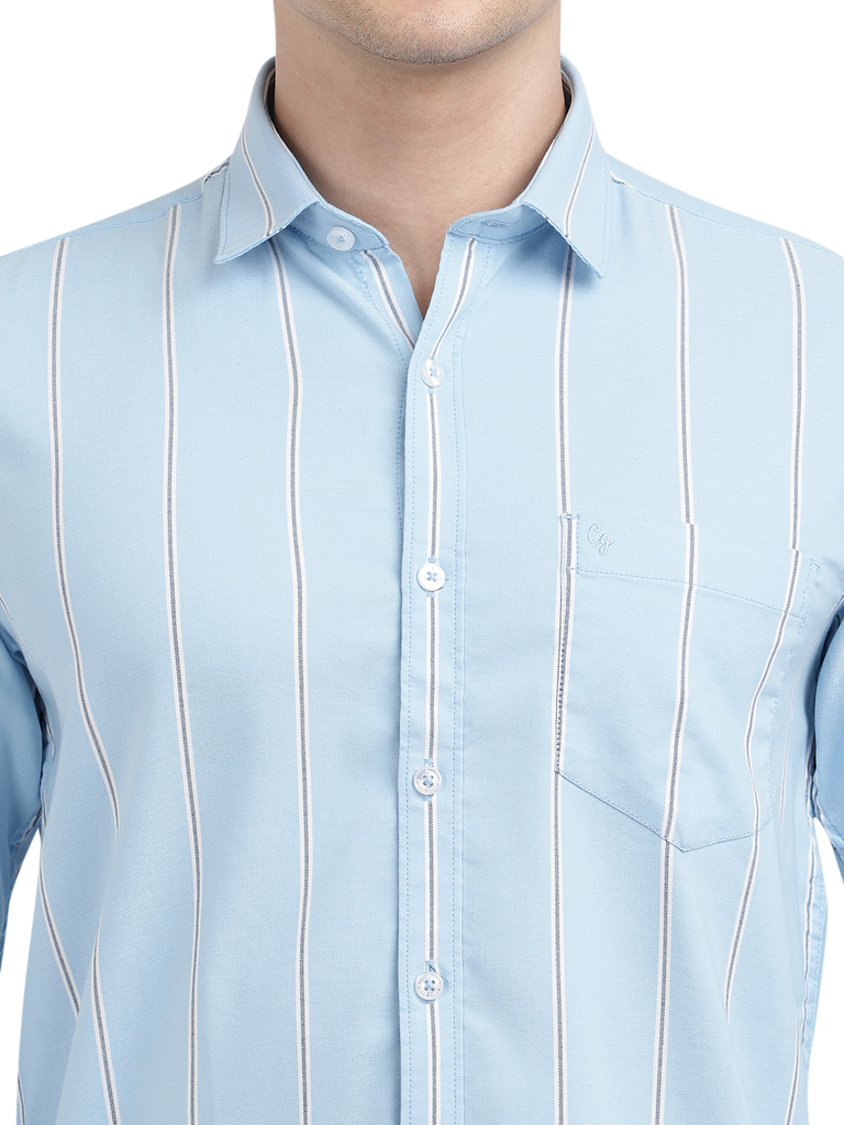 Model wearing Clarke Gable's Sky Blue Striped Casual Shirt in a casual setting