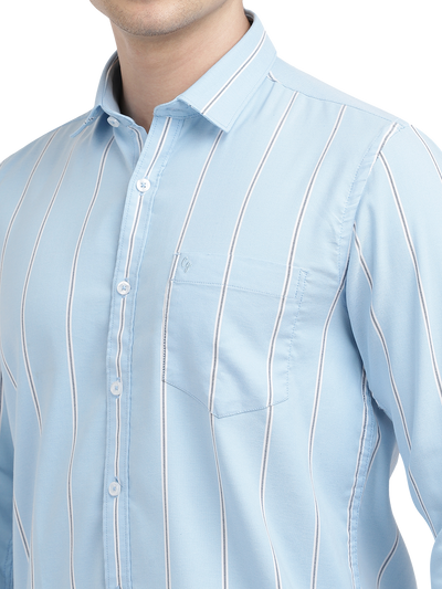 Model wearing Clarke Gable's Sky Blue Striped Casual Shirt in a casual setting