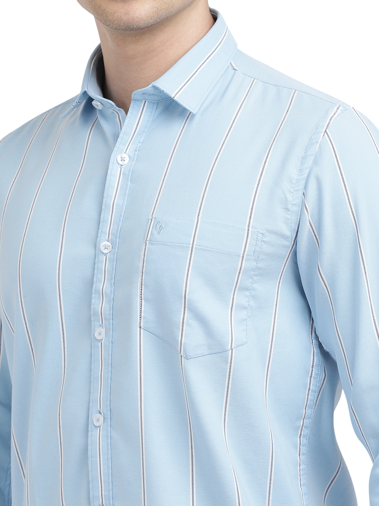 Model wearing Clarke Gable's Sky Blue Striped Casual Shirt in a casual setting