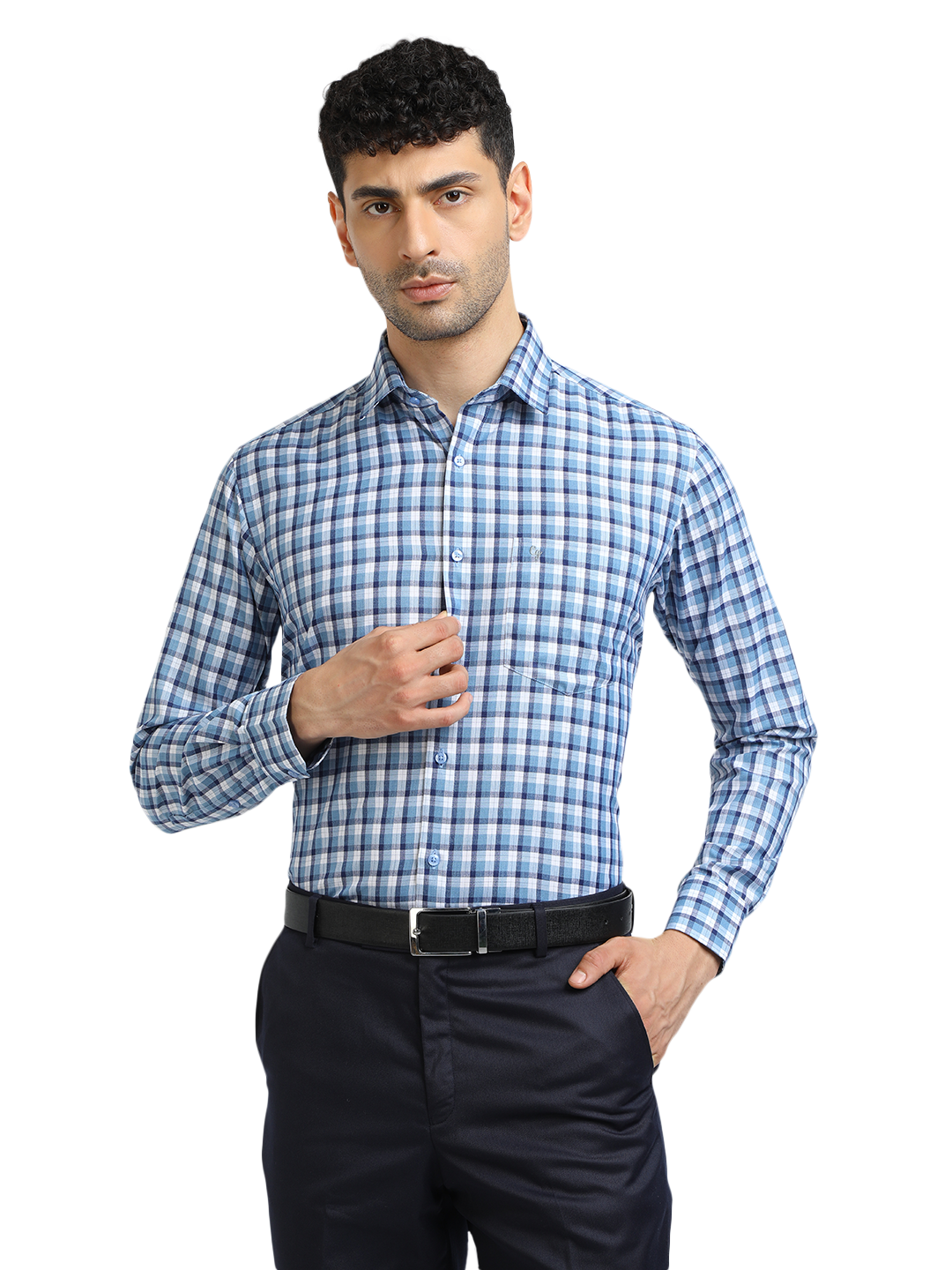 Model wearing Clarke Gable's Sky Blue With White Checked Formal Shirt in a casual setting