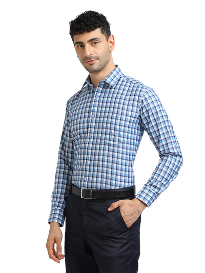 Model wearing Clarke Gable's Sky Blue With White Checked Formal Shirt in a casual setting