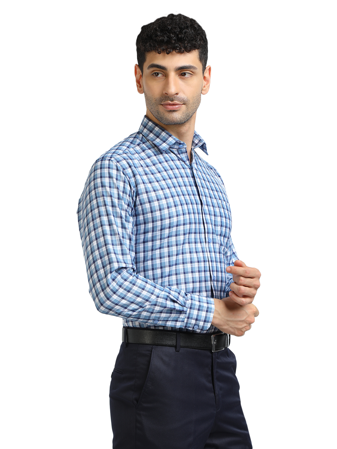 Model wearing Clarke Gable's Sky Blue With White Checked Formal Shirt in a casual setting