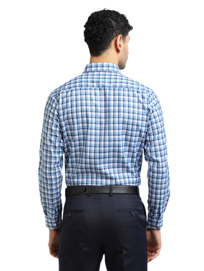 Model wearing Clarke Gable's Sky Blue With White Checked Formal Shirt in a casual setting