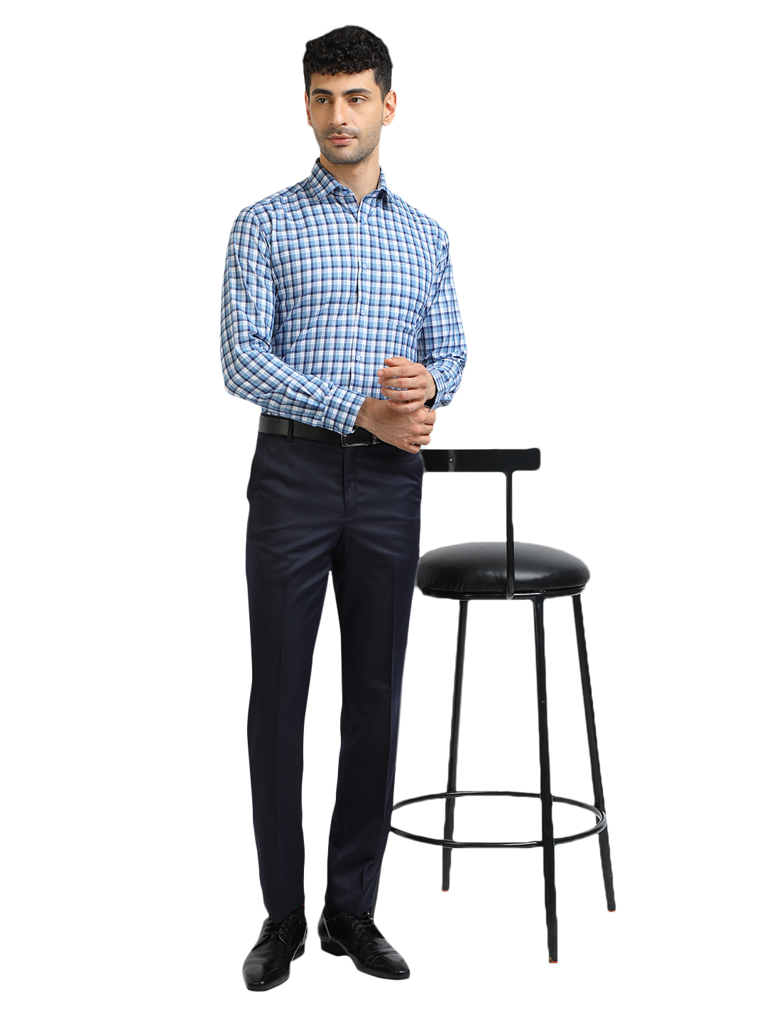 Model wearing Clarke Gable's Sky Blue With White Checked Formal Shirt in a casual setting