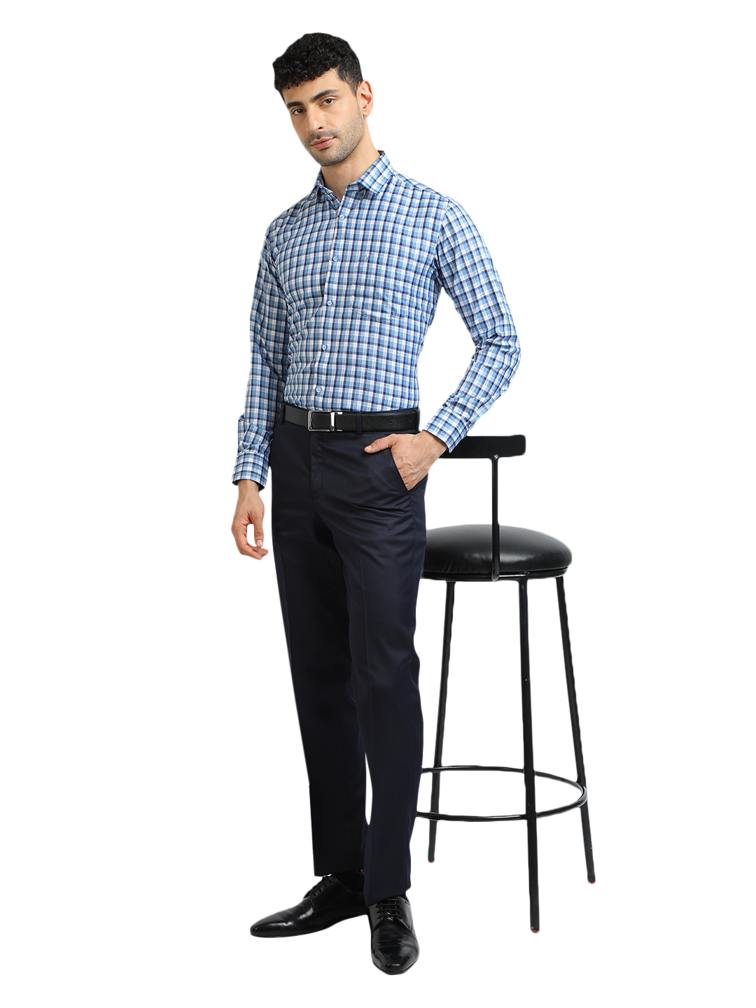 Model wearing Clarke Gable's Sky Blue With White Checked Formal Shirt in a casual setting