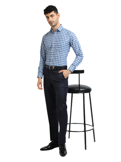 Model wearing Clarke Gable's Sky Blue With White Checked Formal Shirt in a casual setting