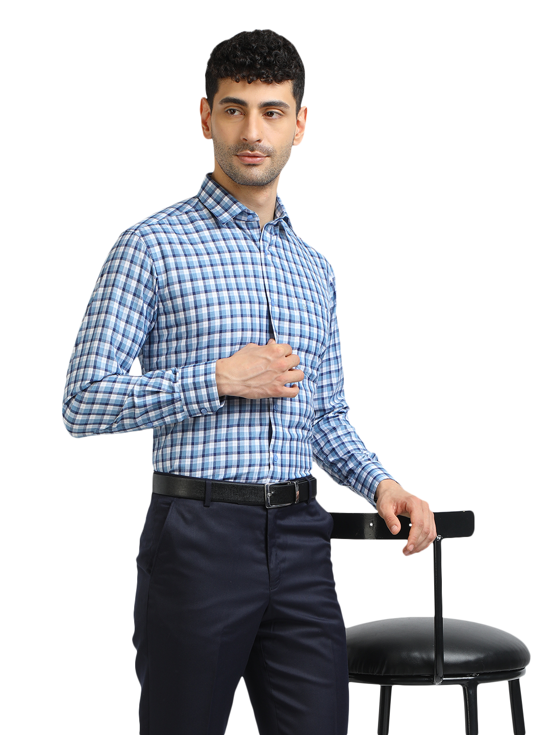 Model wearing Clarke Gable's Sky Blue With White Checked Formal Shirt in a casual setting