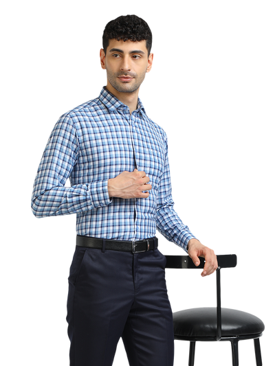 Model wearing Clarke Gable's Sky Blue With White Checked Formal Shirt in a casual setting